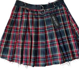 Current Mood Dollskill Red /Navy Tartan Pleated Mini Skirt Ring Belt extra large